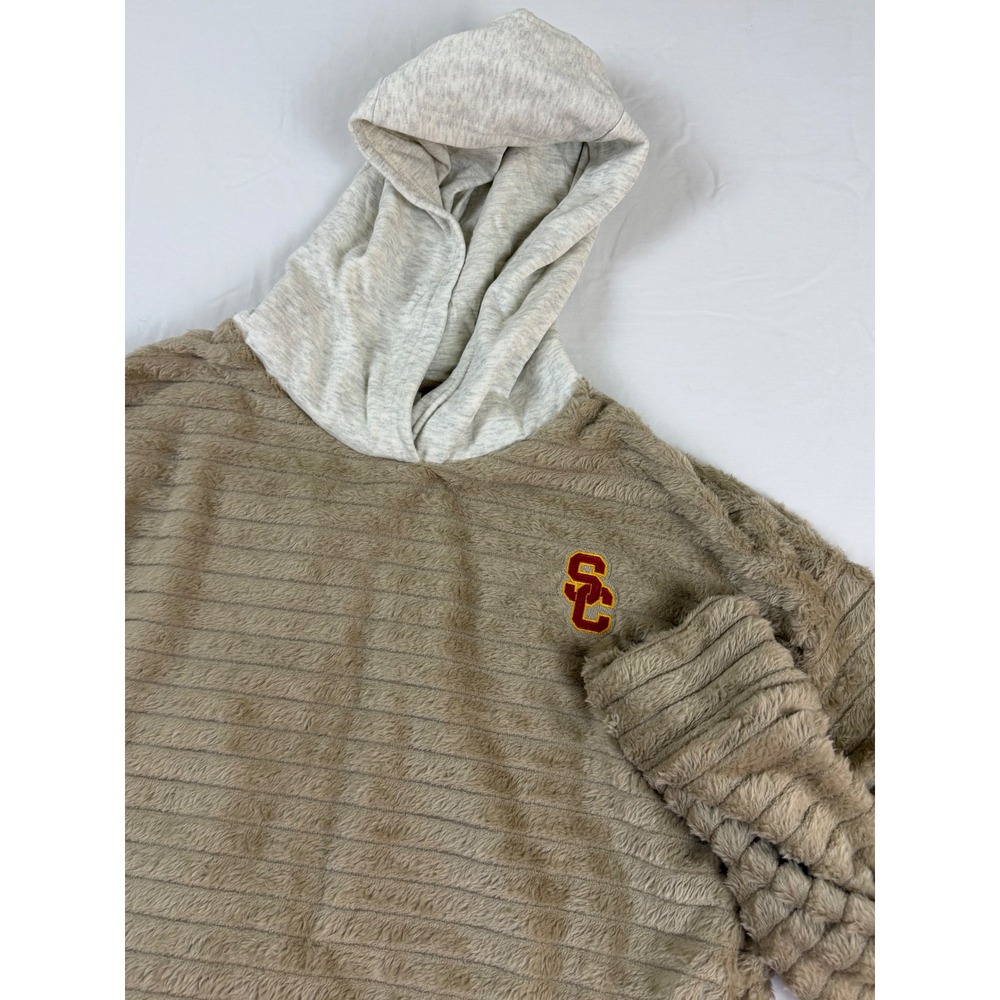 USC Trojans x Rivalry Threads Women Large Fuzzy Fleece Pullover Hoodie Taupe NWT
